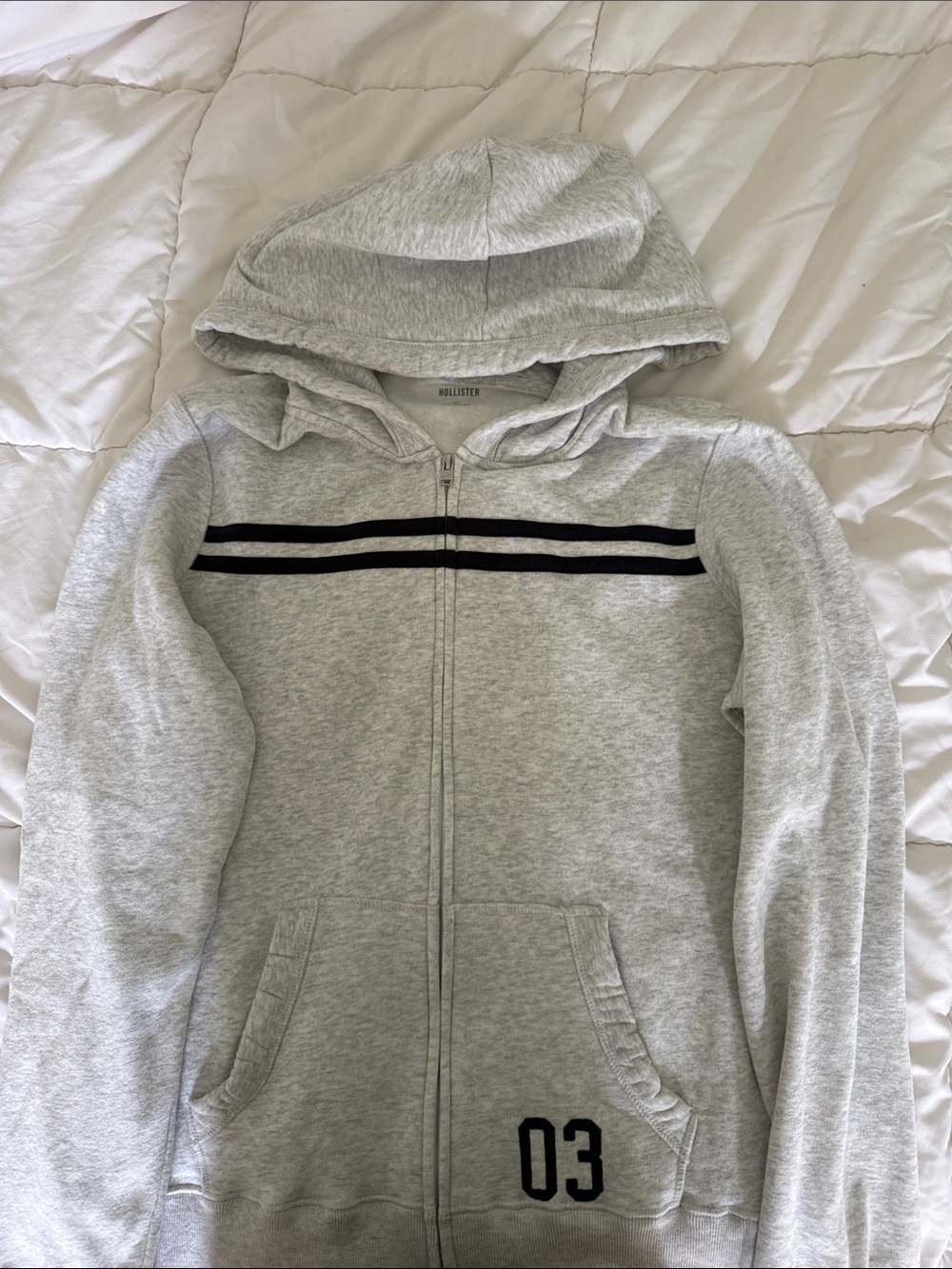 Hollister Light Gray Zip Hoodie with Navy Chest Stripes